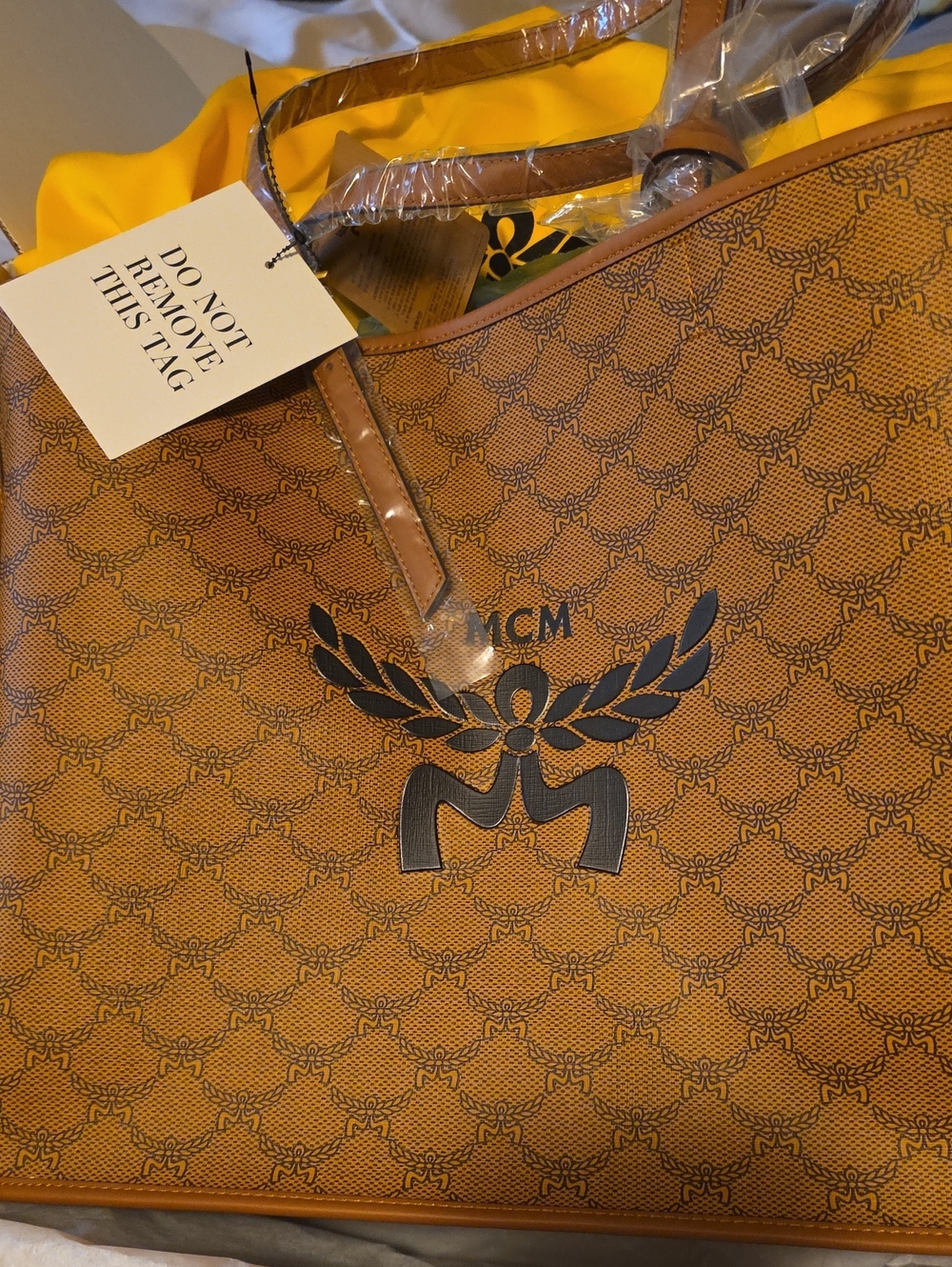 MCM Cognac Logo-Print Tote with Black Emblem
